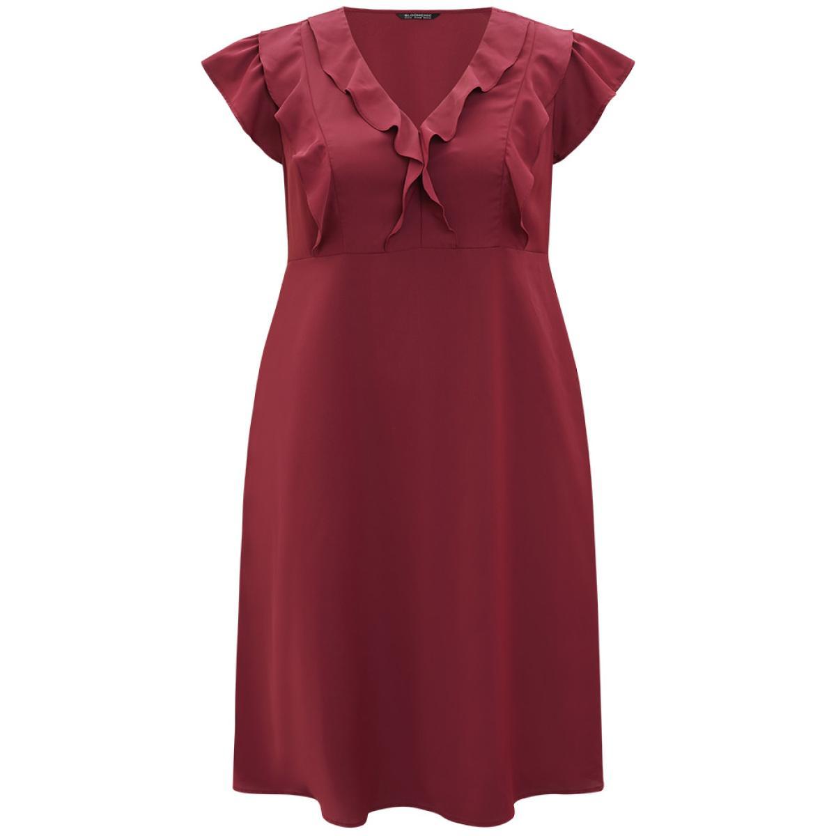 Plus Size Plain Ruffle Trim Pocket Cap Sleeve Midi Dress Scarlet Women Office Plain V-neck Sleeveless Curvy Midi Dress BloomChic 14-16/1X Product Image