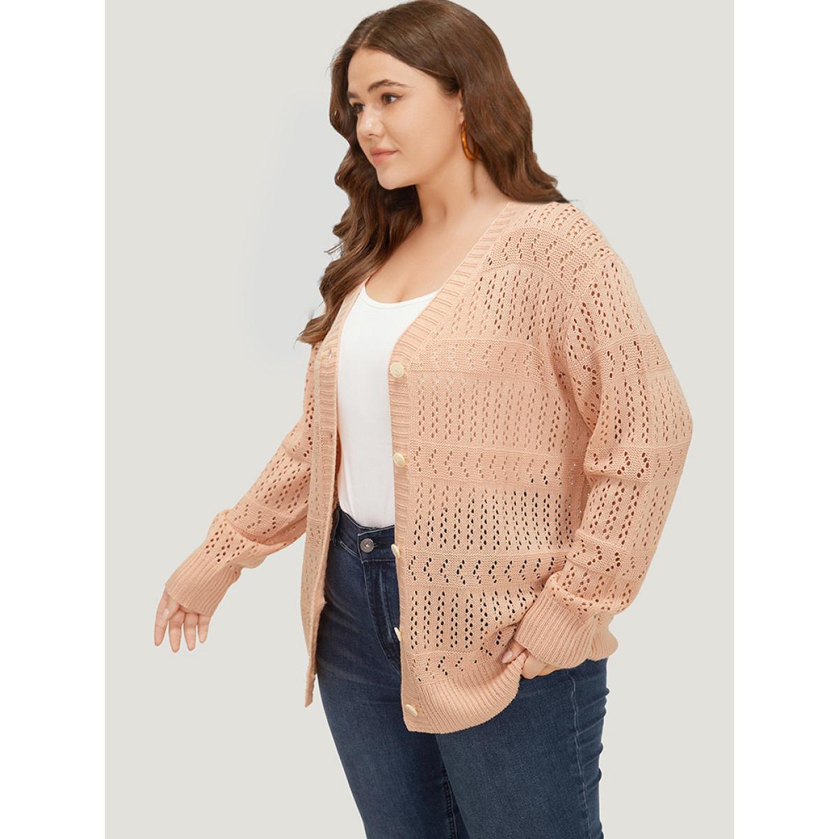 Plus Size Supersoft Essentials Geometric Eyelet Button Through Drop Shoulder Cardigan MistyRose Women Casual Bodycon Long Sleeve Everyday Cardigans BloomChic 18-20/2X Product Image