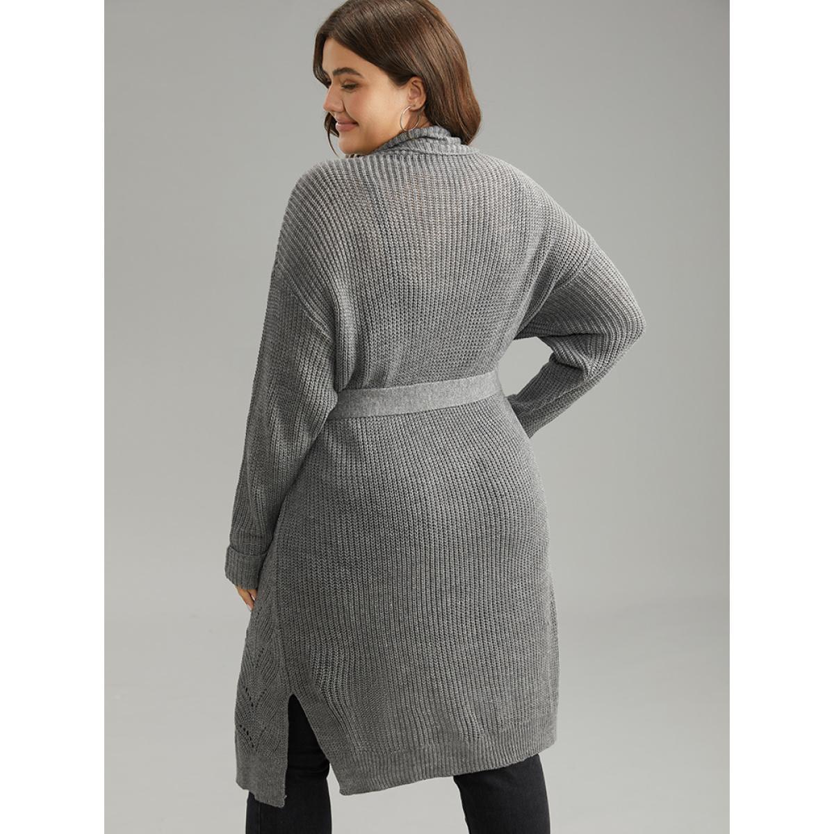 Plus Size Plain Split Hem Ties Texture Cardigan Gray Women Casual Loose Long Sleeve Dailywear Cardigans BloomChic 30/6X Product Image