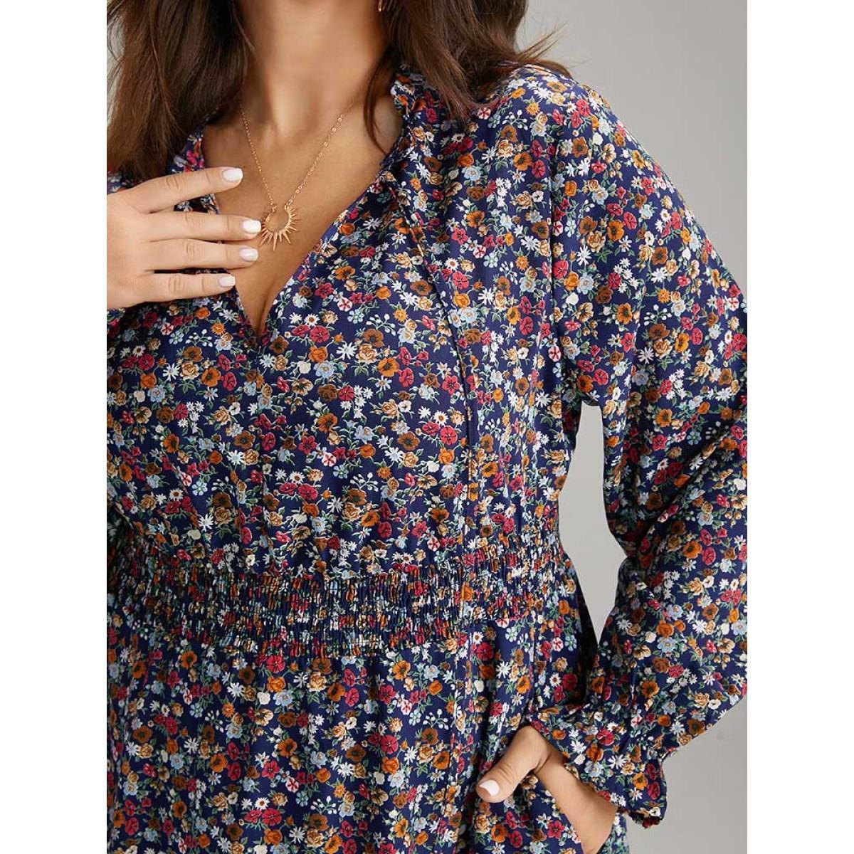 Plus Size Ditsy Floral Shirred Frill Trim Ties Dress DarkBlue Women Elegant Elastic cuffs V-neck Long Sleeve Curvy Midi Dress BloomChic 14-16/1X Product Image