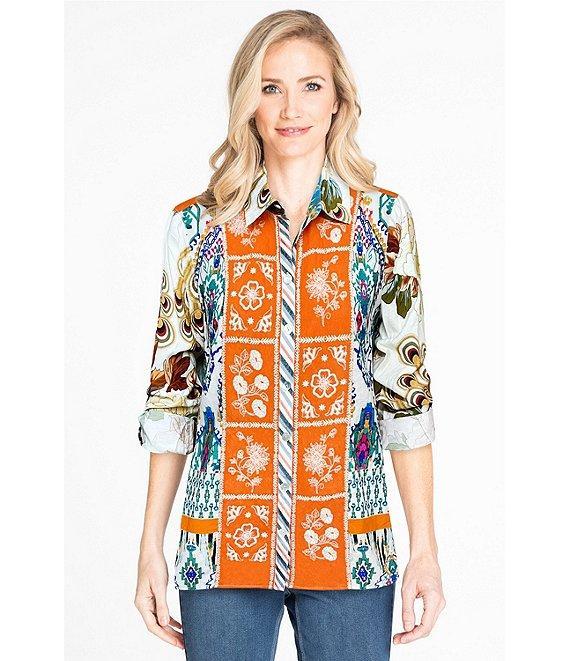 John Mark Point Collar Button Front Long Roll-Tab Sleeve Embroidered Panel Multi Print Tunic Product Image