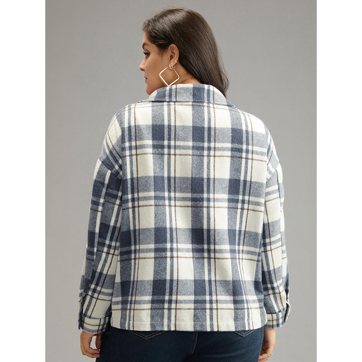 Plus Size Plaid Lapel Collar Metal Detail Pocket Shacket Women DarkBlue Casual Contrast Ladies Everyday Winter Coats BloomChic 14-16/1X Product Image