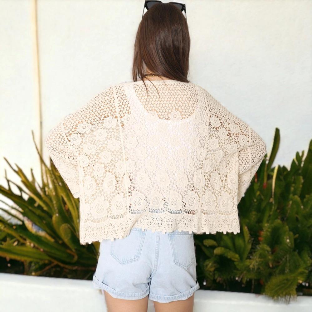 Anna-Kaci Women's Short Embroidered Lace Duster Crop Cardigan with Half Sleeves Product Image