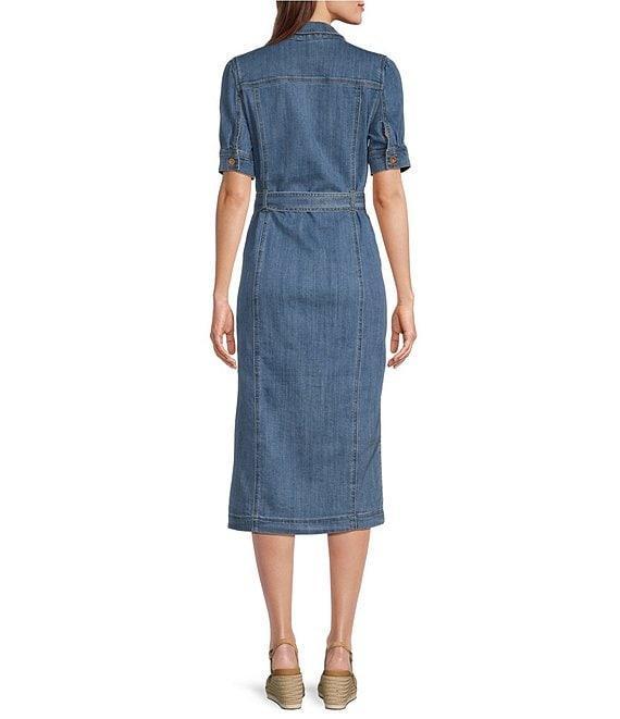 Code Bleu Stretch Denim Spread Collar Short Sleeve Shirt Midi Dress Product Image