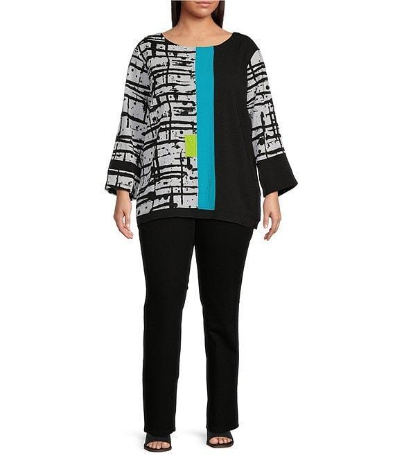 Ali Miles Plus Size Mixed-Media Abstract Printed Round Neck 3/4 Sleeve Top Product Image