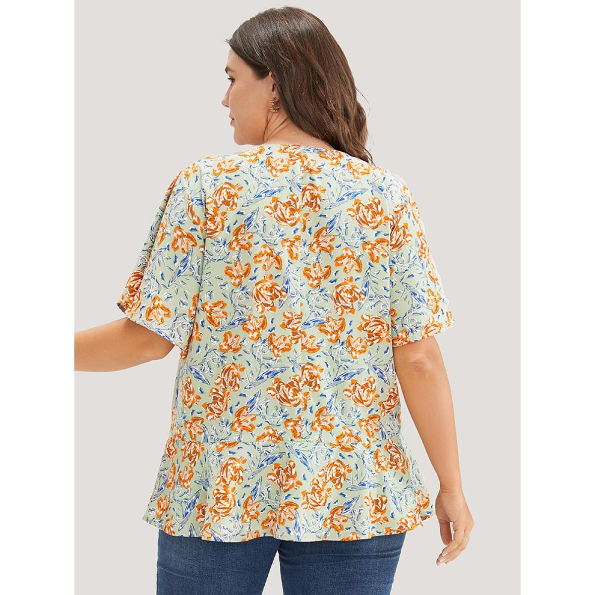 Plus Size Mint Floral Ruffle Sleeve Lace Up V Neck Blouse Women Elegant Short sleeve V-neck Dailywear Blouses BloomChic 10/M Product Image