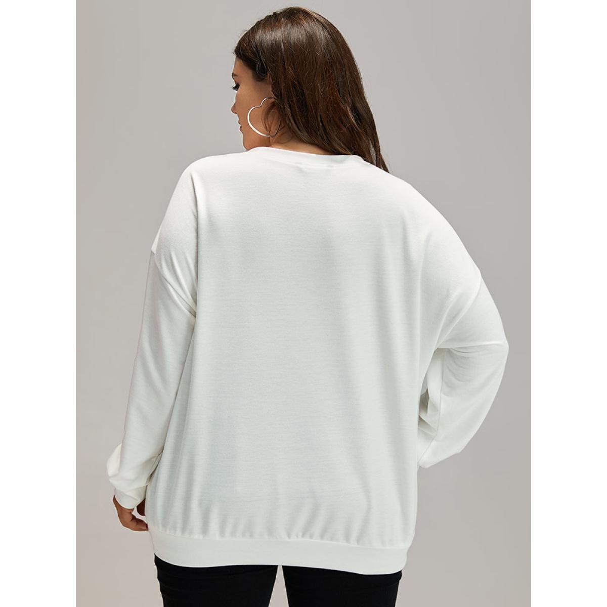 Plus Size Floral Round Neck Elastic Cuffs Sweatshirt Women White Casual Elastic cuffs Round Neck Dailywear Sweatshirts BloomChic 12/L Product Image