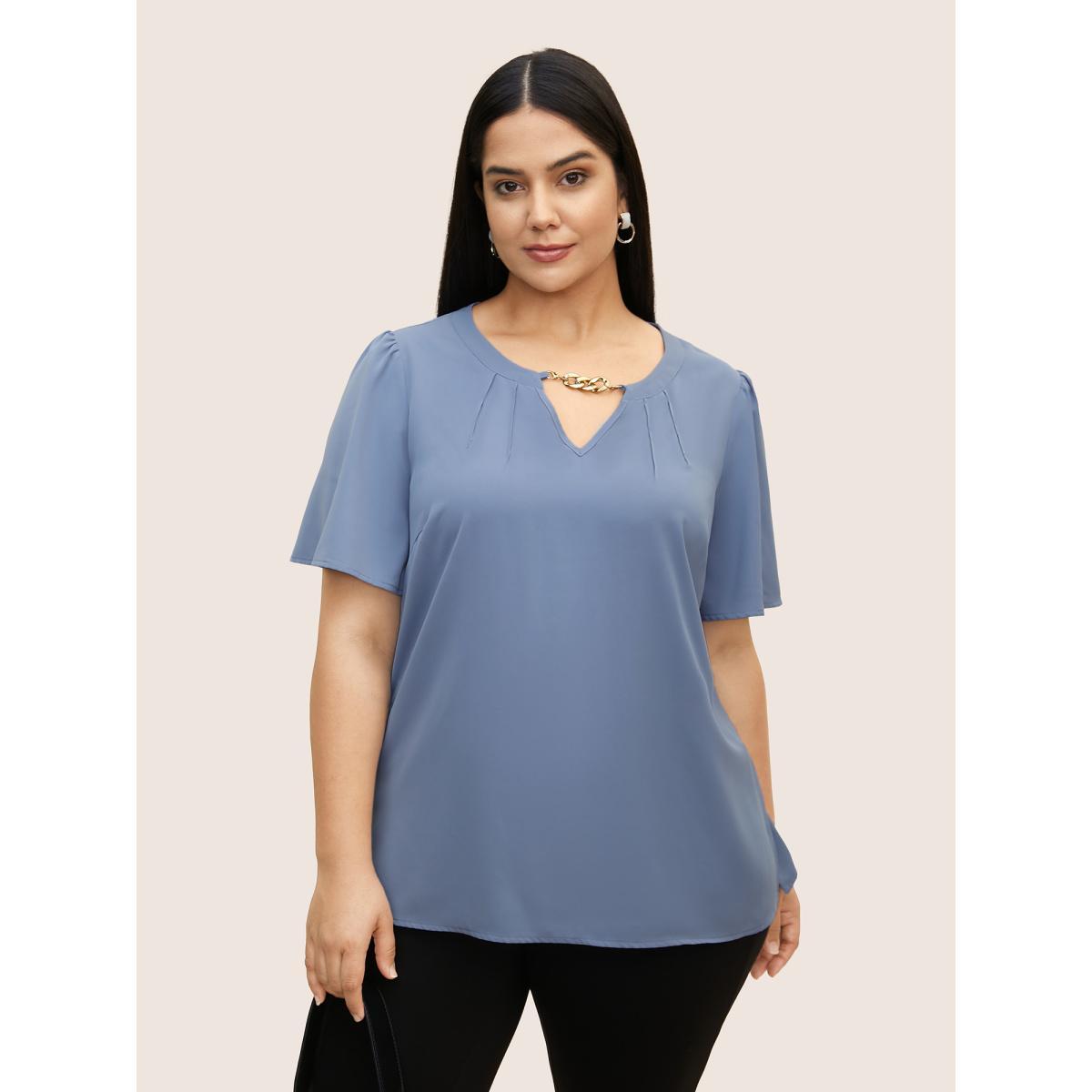Plus Size Stone Keyhole Metal Chain Detail Ruffle Sleeve Blouse Women Work From Home Short sleeve Round Neck Work Blouses BloomChic 28/5X Product Image