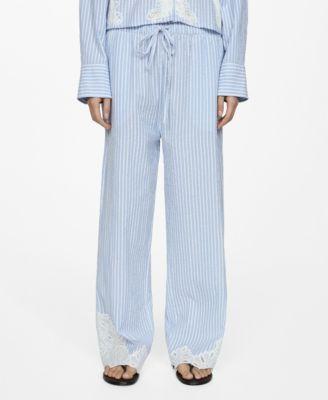 Mango Womens Embroidered Striped Trousers Product Image
