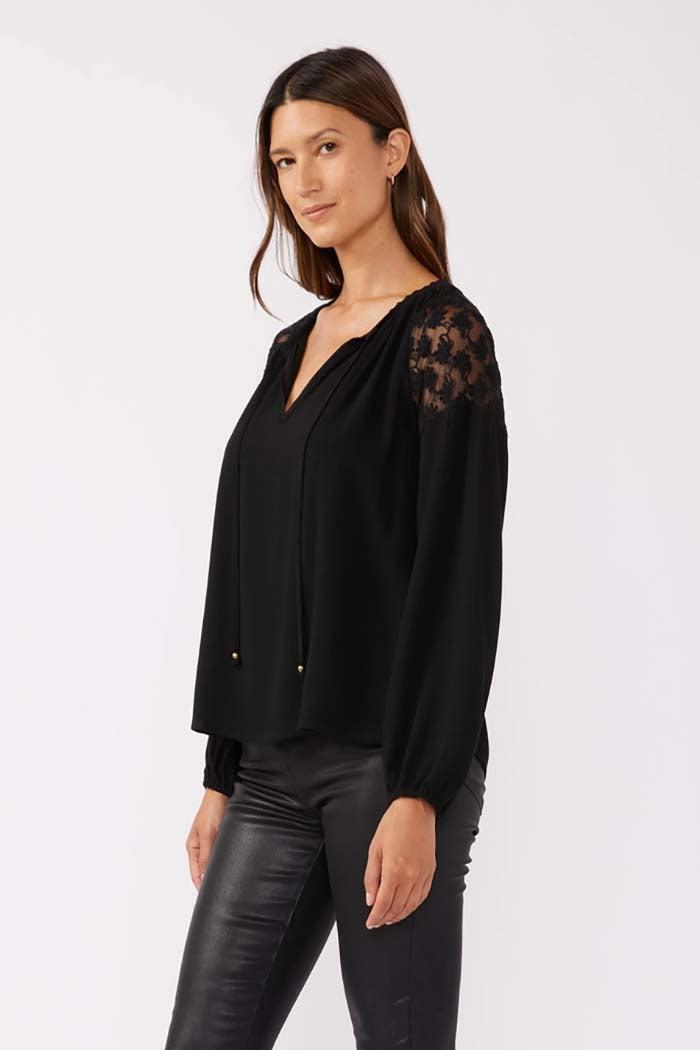 Embroidered Mesh Long Sleeve Tie Neck Blouse Product Image
