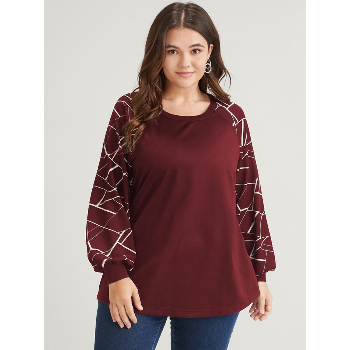 Plus Size Geometric Raglan Sleeve Round Neck Sweatshirt Women Burgundy Elegant Patchwork Round Neck Dailywear Sweatshirts BloomChic 18-20/2X Product Image