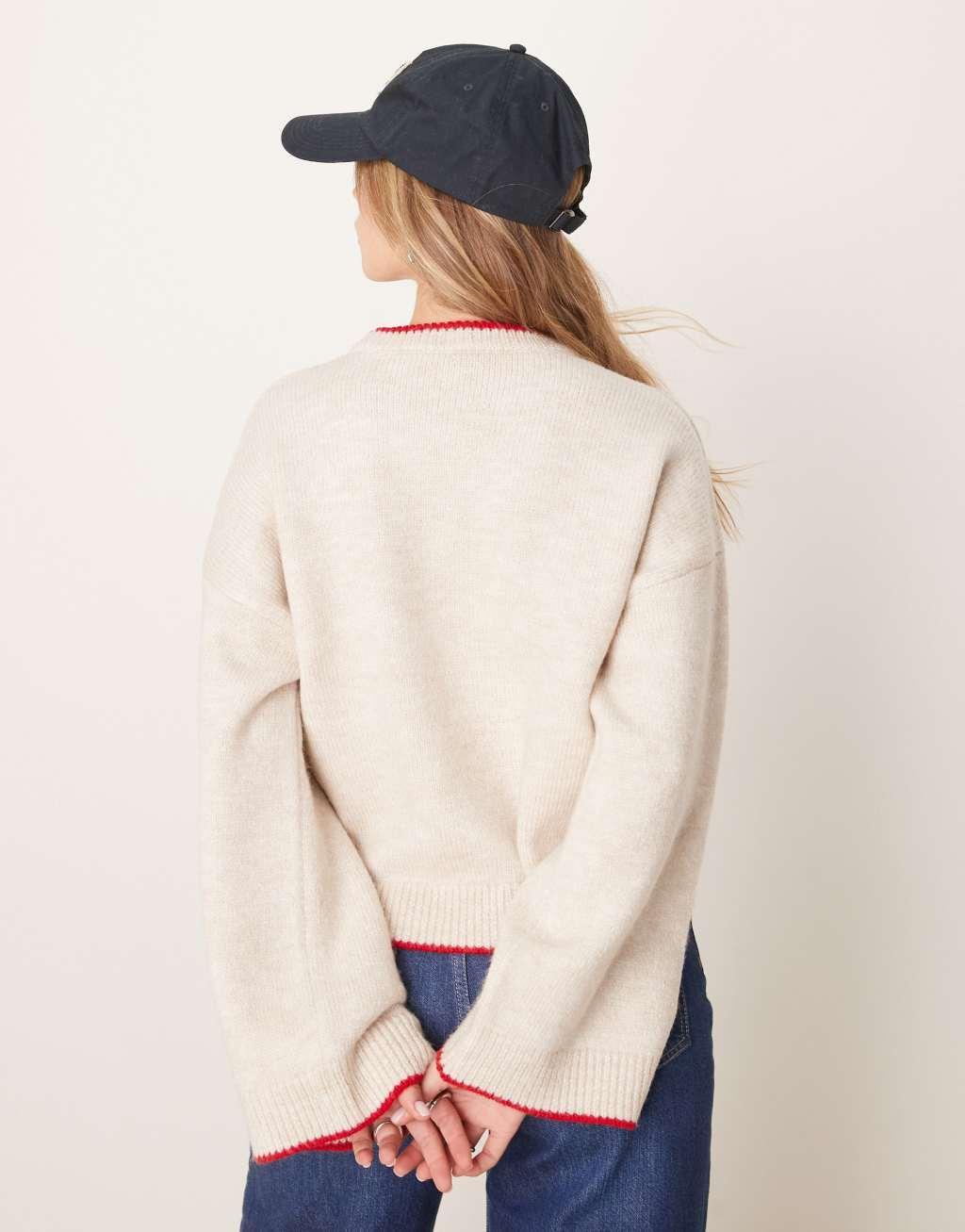 ASOS DESIGN knit sweater with contrast blanket stitch and embroidery in ecru Product Image