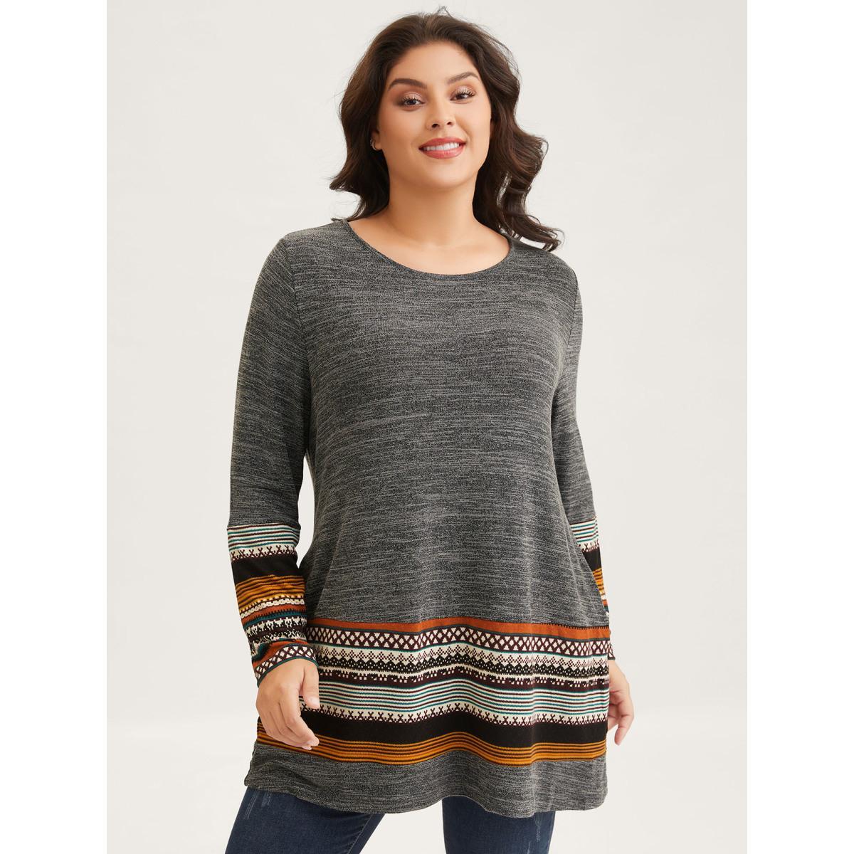Plus Size Tunic Boho Print Pocket T-shirt DimGray Women Casual Contrast Round Neck Loose Everyday T-shirts BloomChic 22-24/3X Product Image