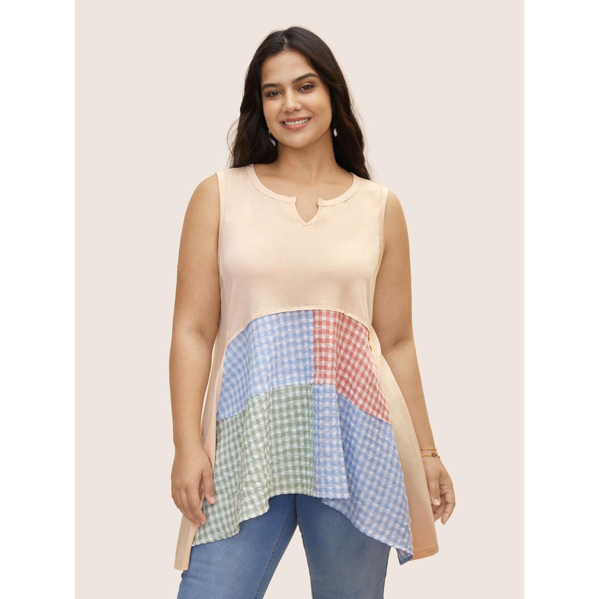 Plus Size Notched Collar Gingham Contrast Patchwork Tank Top Women Apricot Resort Contrast Notched collar Vacation Tank Tops Camis BloomChic 18-20/2X Product Image