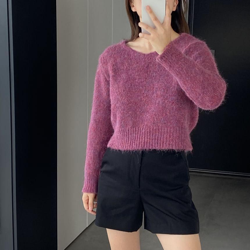 V-Neck Plain Fluffy Cropped Sweater Product Image
