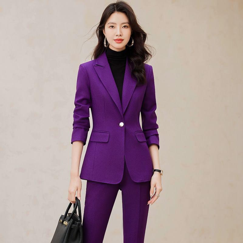 Set: Peak Lapel Plain One-Buttoned Blazer + Mid Rise Flared Dress Pants + Belt Product Image