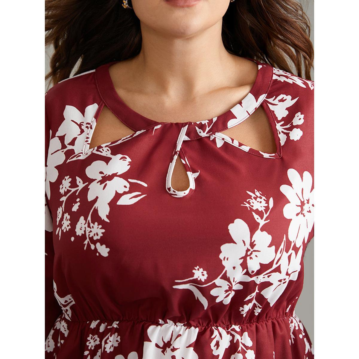 Plus Size Scarlet Silhouette Floral Print Elastic Waist Cut Out Blouse Women Elegant Long Sleeve Round Neck Dailywear Blouses BloomChic 30/6X Product Image