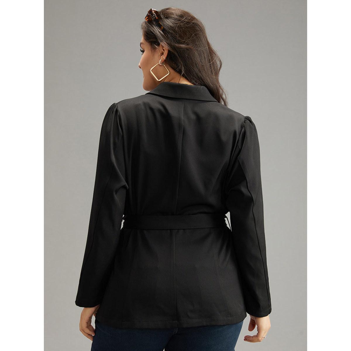 Plus Size Solid Suit Collar Buckle Detail Belted Blazer Black Women Work Plain Plain Sleeve Long Sleeve Suit Collar 18-20/2X Belt At the Office Blazers BloomChic Product Image