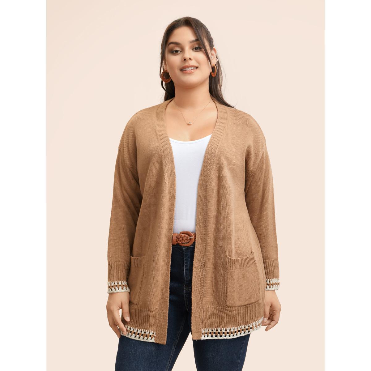 Plus Size Crochet Contrast Wool Blend Cardigan Tan Women Casual Loose Long Sleeve Everyday Cardigans BloomChic 26/4X Product Image