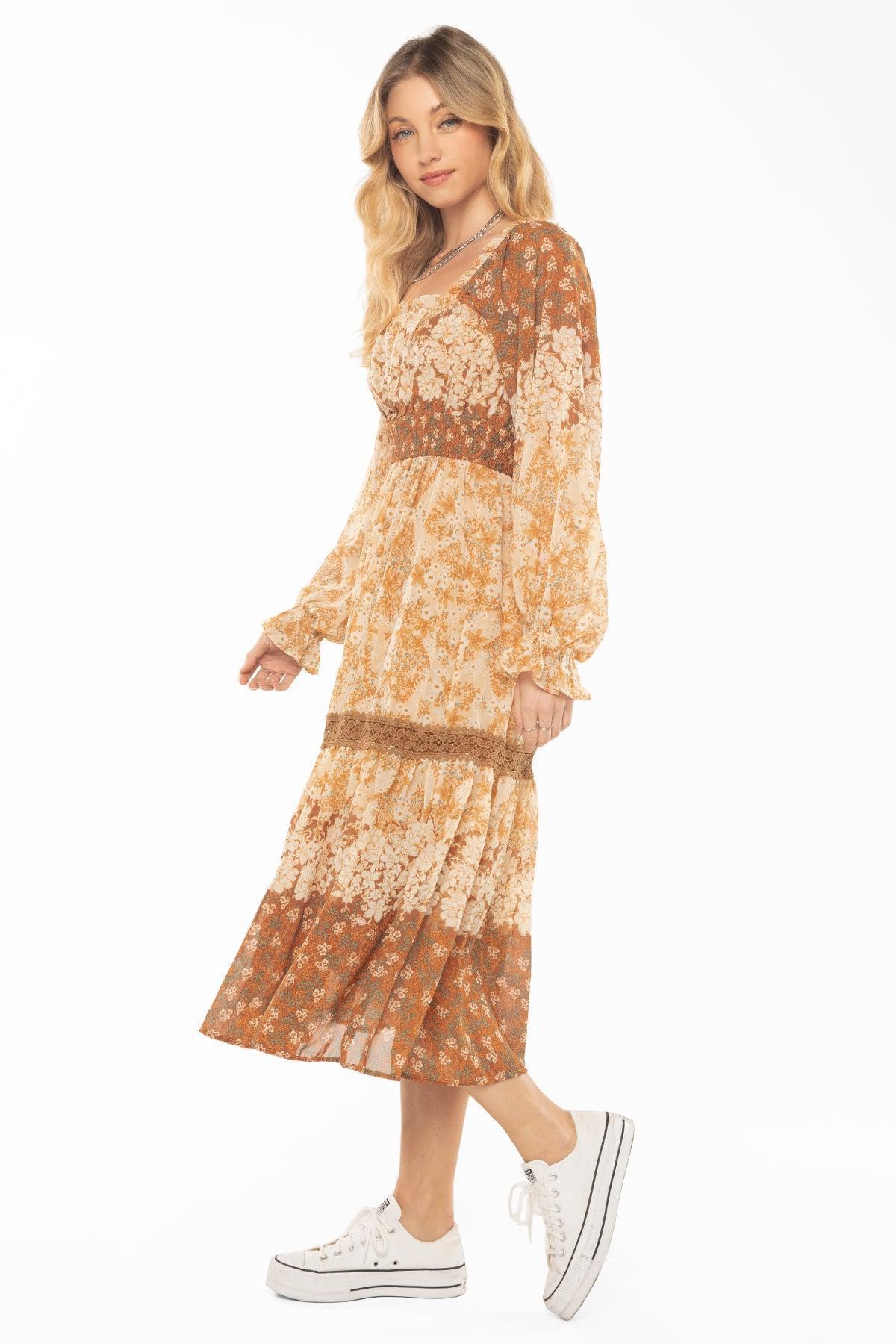 Mixed Orange Floral Smocked Dress Product Image