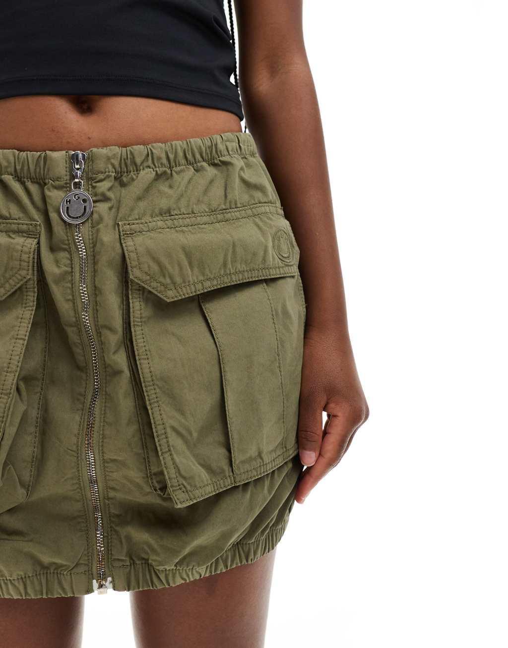 HUGO Blue utility zip up mini skirt in khaki Product Image