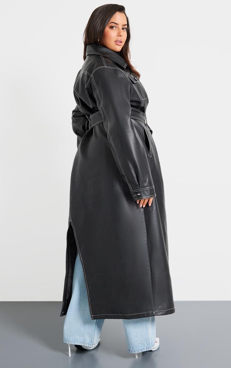 Plus Black Faux Leather Contrast Stitch Split Hem Trench Coat Product Image