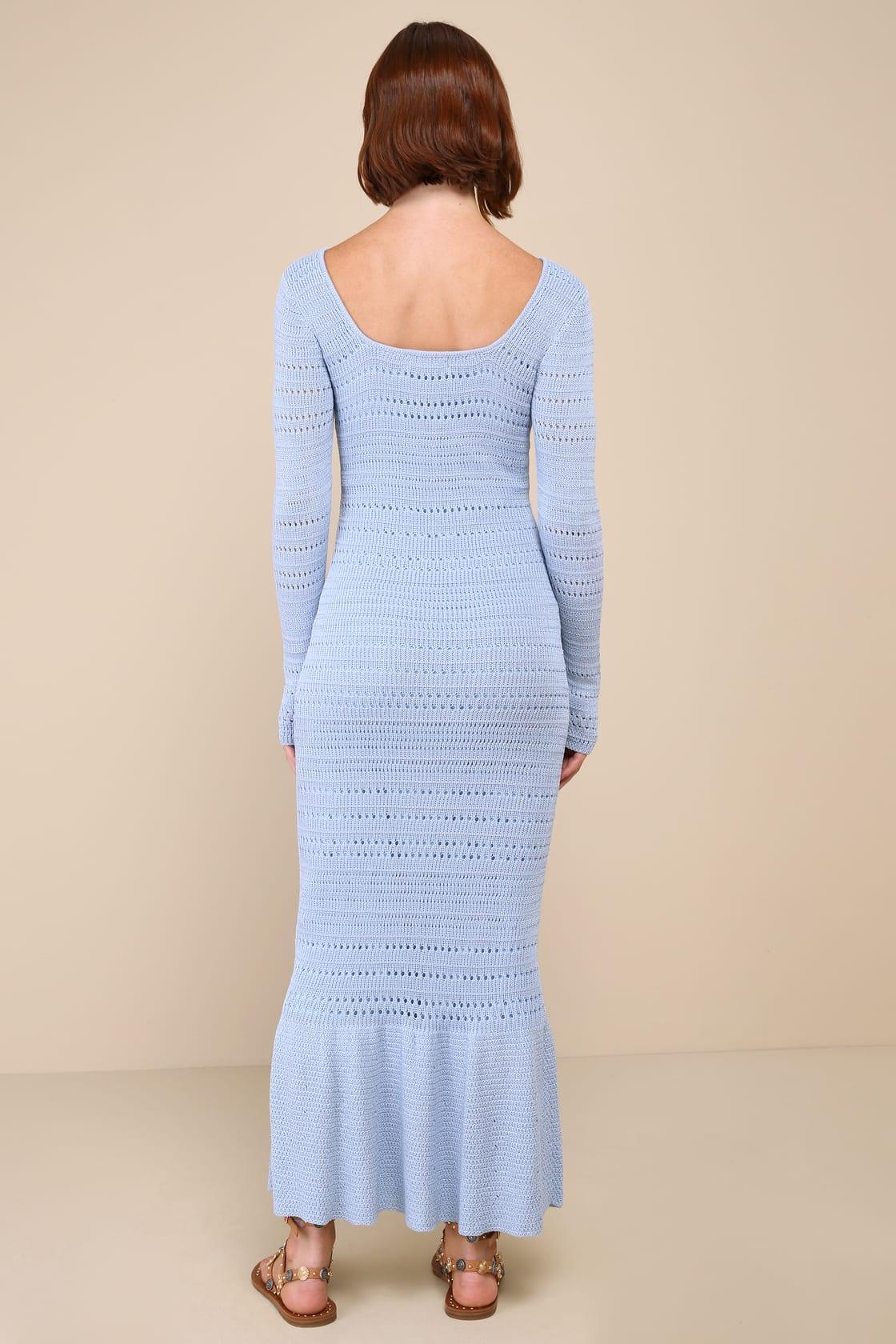 Sunset Moments Light Blue Crochet Long Sleeve Trumpet Midi Dress Product Image