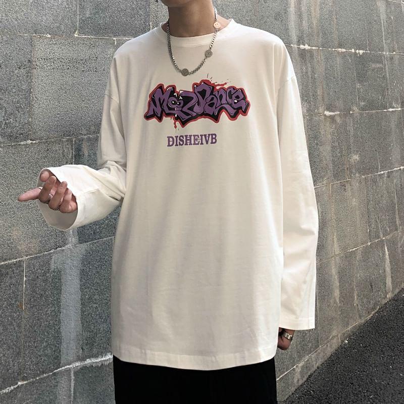 Long Sleeve Crew Neck Graffiti Print Oversized T-Shirt Product Image