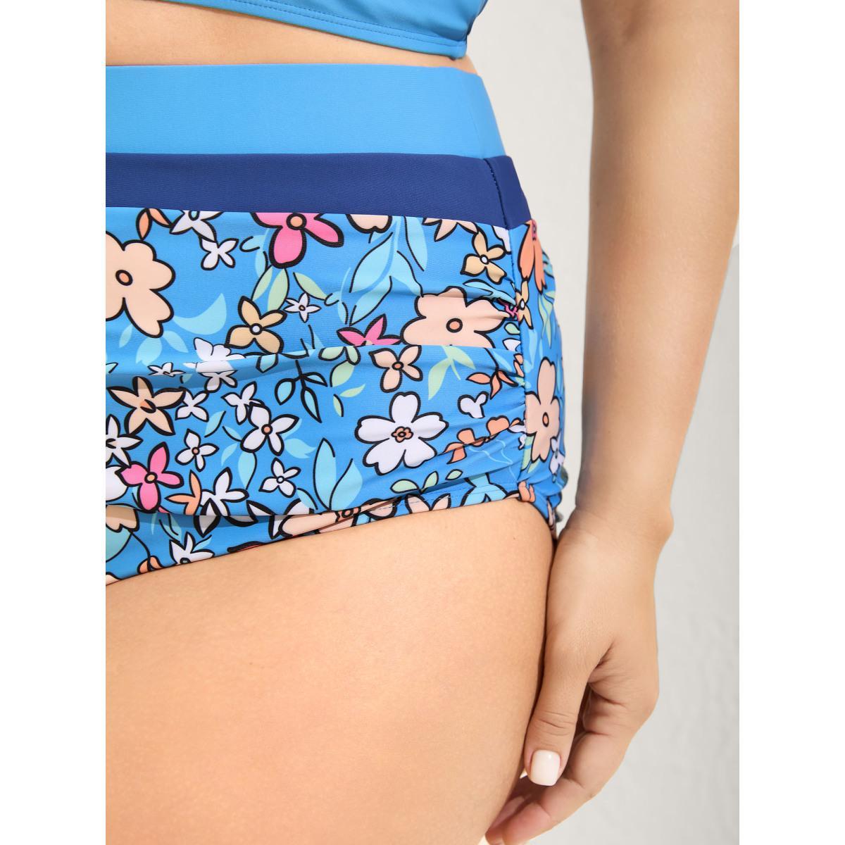 Plus Size Floral Print Color Contrast Swim Bottoms Women's Swimwear Skyblue Beach Contrast High stretch Skinny High Rise Curve Swim Bottoms BloomChic 28/5X Product Image