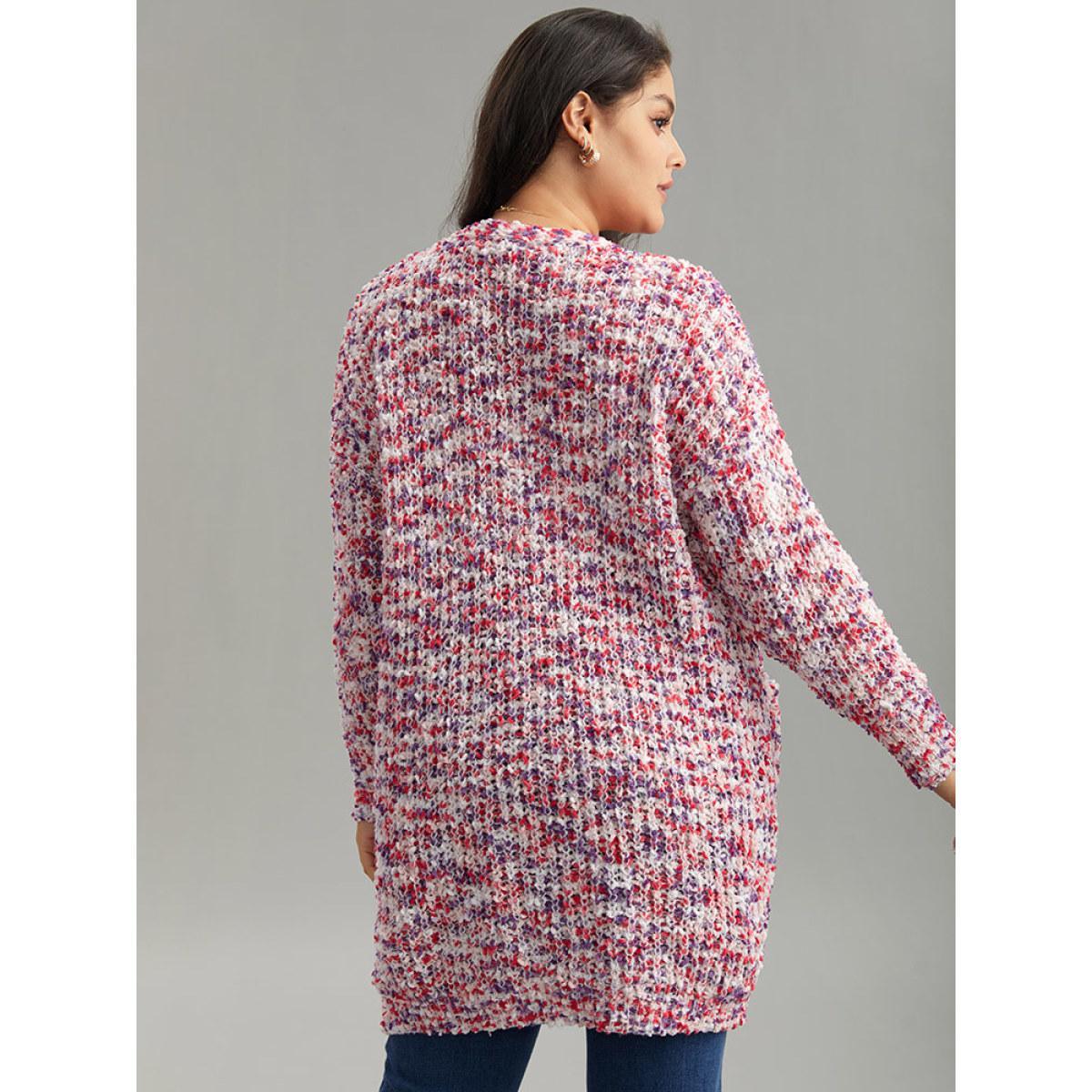 Plus Size Contrast Fuzzy Open Front Patched Pocket Cardigan Multicolor Women Casual Loose Long Sleeve Everyday Cardigans BloomChic 12/L Product Image