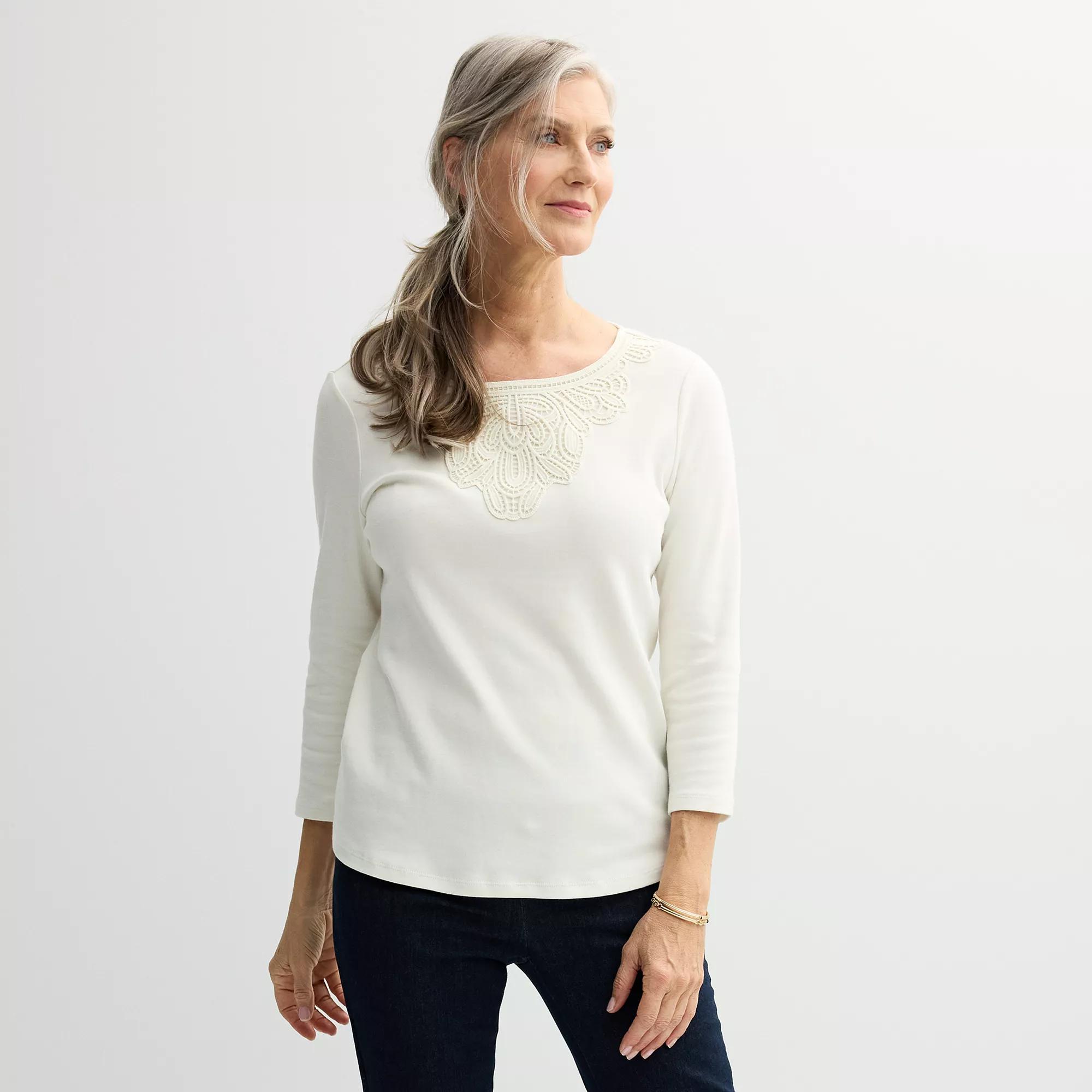 Women's Croft & Barrow® Lace Round Neck Top, Size: Small, Ivory Product Image