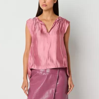 Worthington Womens Split Tie Neck Short Sleeve Blouse Product Image