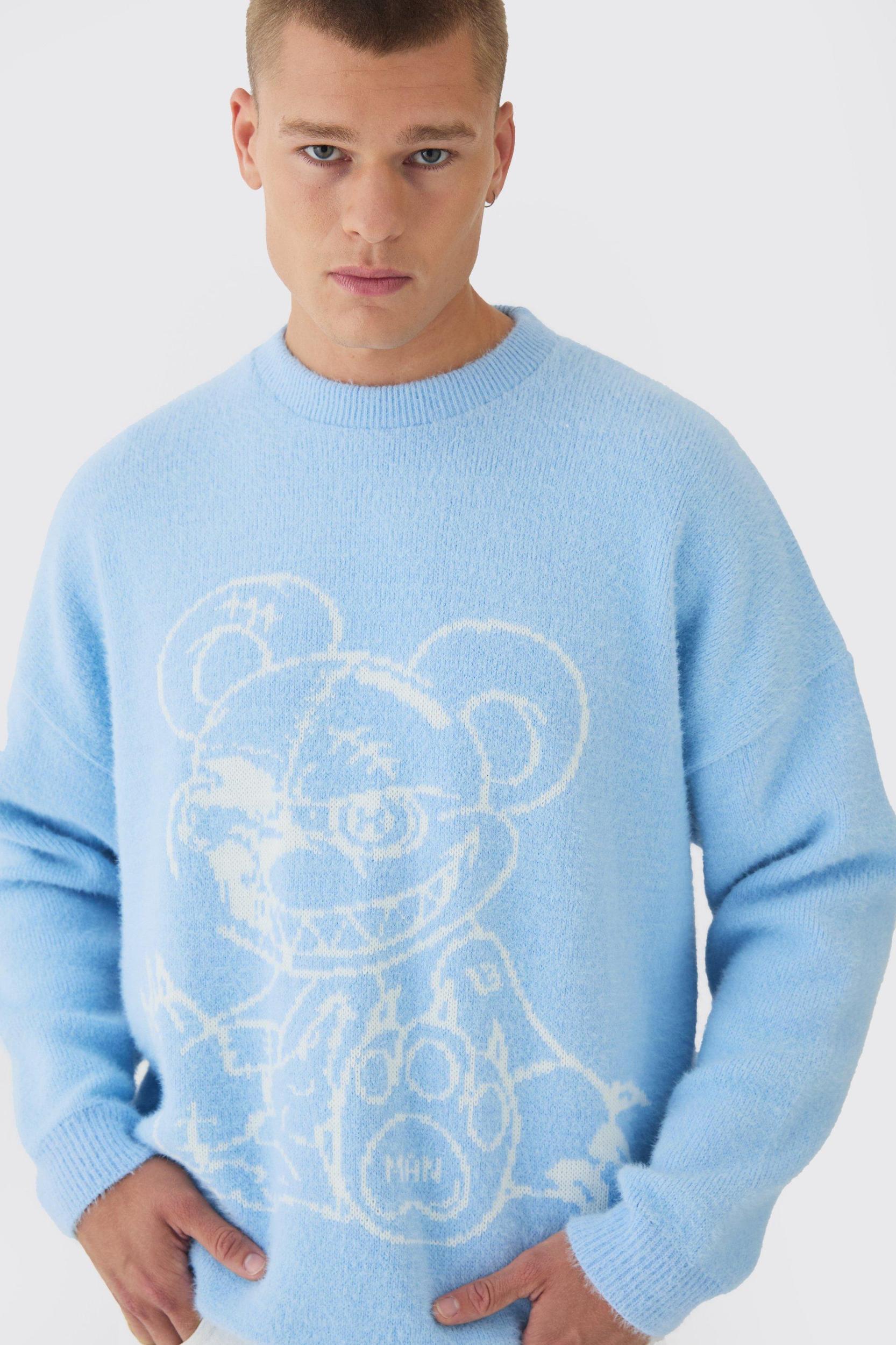 Oversized Fluffy Teddy Sweater in Blue | boohooMAN USA Product Image