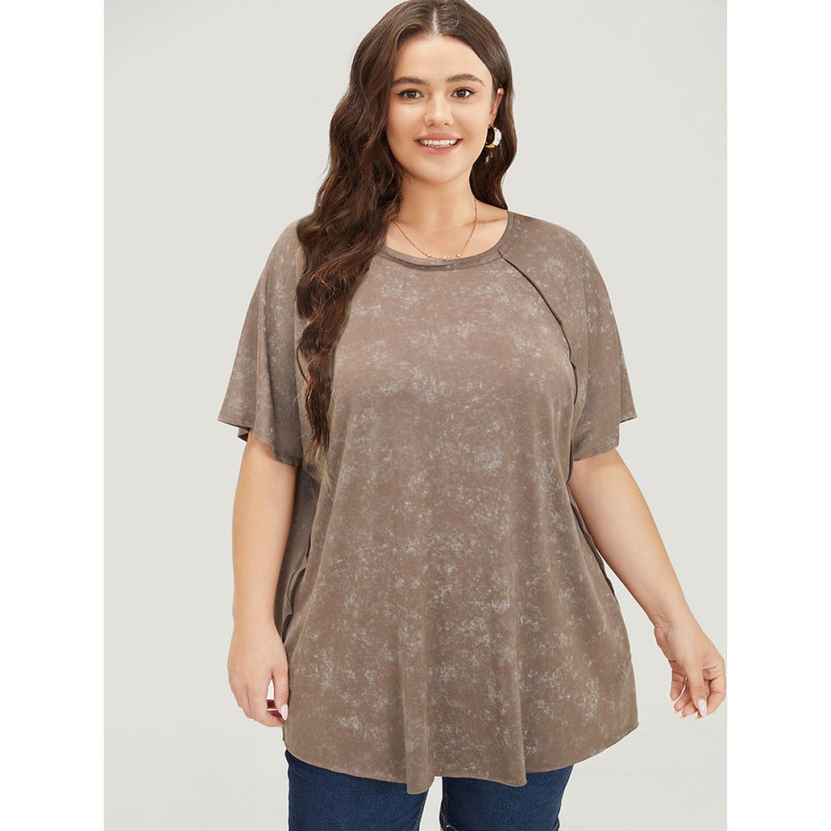 Plus Size Solid Patched Back Raglan Sleeve Heather Vintage T-shirt DarkBrown Women Casual Heather Plain Round Neck Dailywear T-shirts BloomChic 14-16/1X Product Image