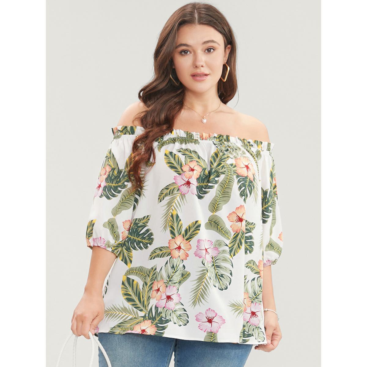 Plus Size White Tropical Print Off Shoulder Lantern Sleeve Blouse Women Vacation Short sleeve One-shoulder neck Dailywear Blouses BloomChic 10/M Product Image