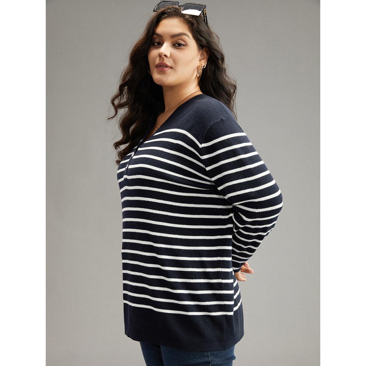Plus Size Supersoft Essentials Striped Button Through Pullover Midnight Women Casual Loose Long Sleeve V-neck Dailywear Pullovers BloomChic 30/6X Product Image