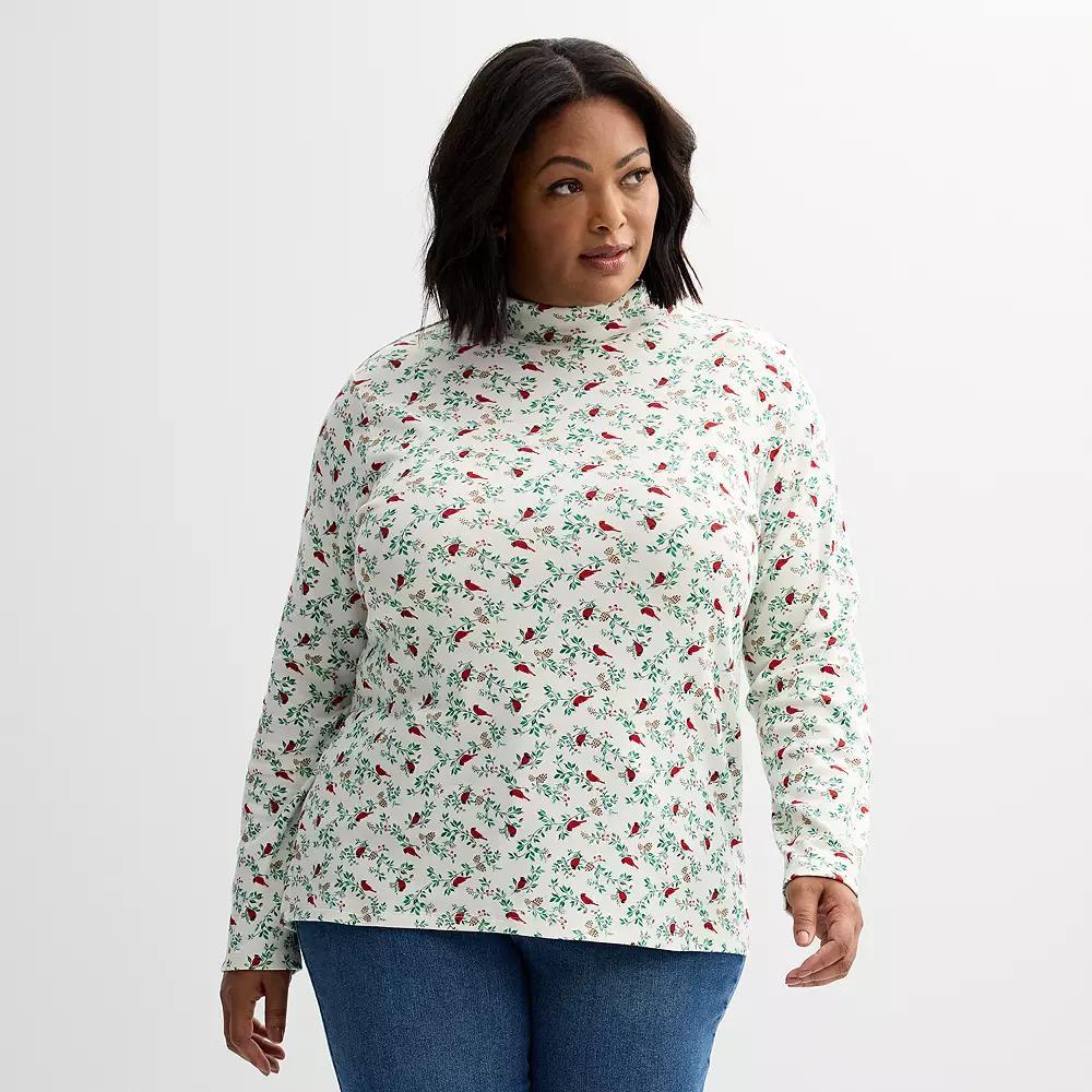 Plus Size Croft & Barrow® Essential Long-Sleeve Mockneck Top, Women's, Size: 4XL, Black Bloom Tile Product Image