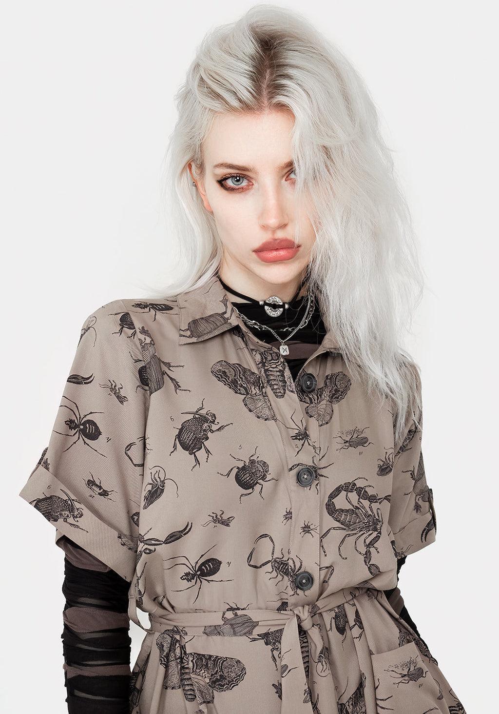 Parasite Bugs Print Mini Short Sleeve Shirt Dress - Taupe Product Image