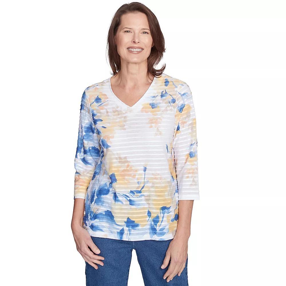 Women's Alfred Dunner Floral Textured V-Neck Top, Size: Large, Blue Team Product Image
