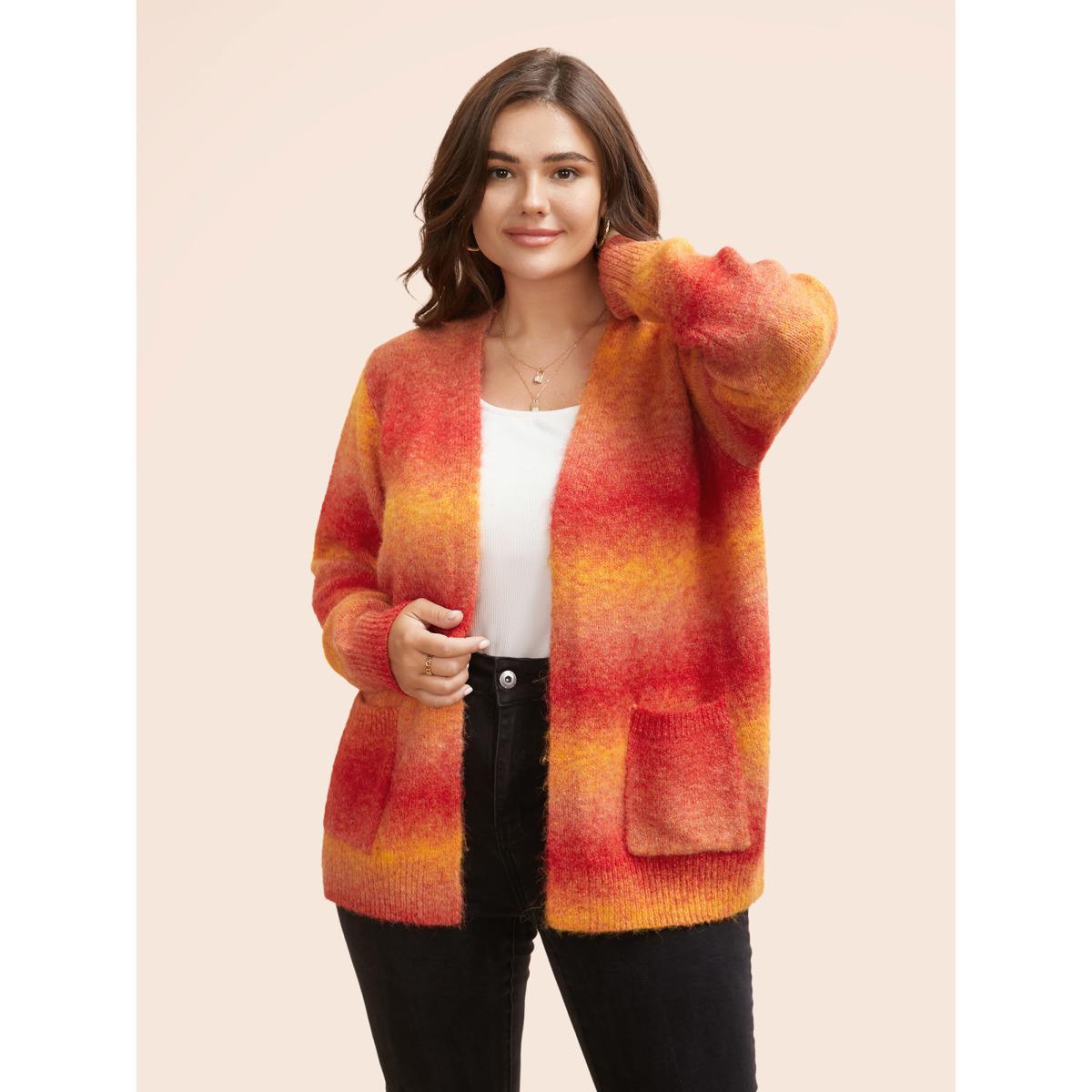 Plus Size Ombre Contrast Patch Pocket Cardigan Brightorange Women Casual Loose Long Sleeve Everyday Cardigans BloomChic 18-20/2X Product Image