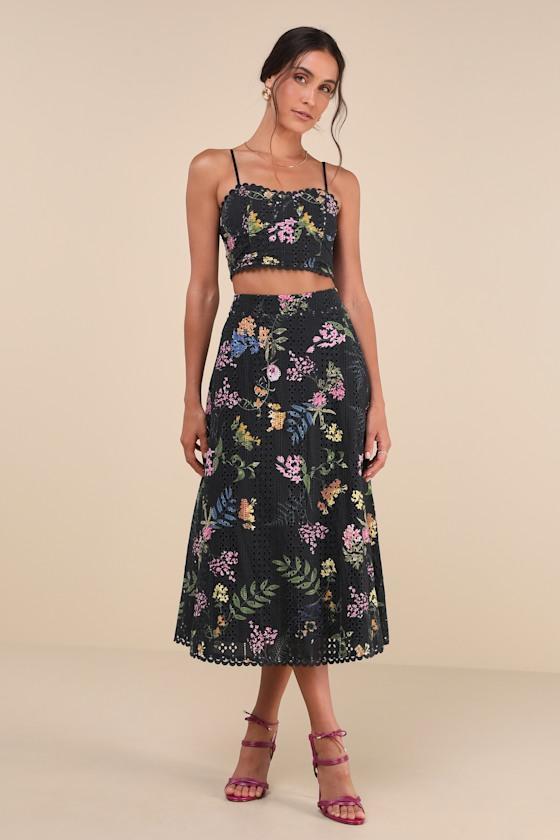 Sweet At Heart Black Floral Embroidered Two-Piece Midi Dress Product Image