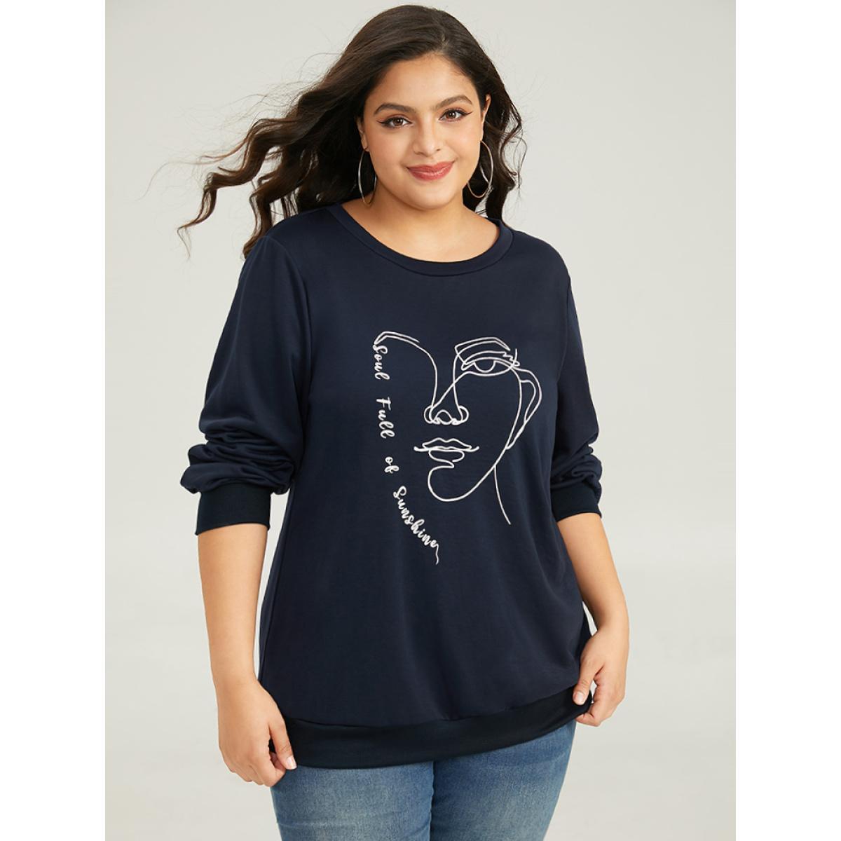 Plus Size Art Figure Elastic Cuffs Crew Neck Sweatshirt Women Indigo Casual Elastic cuffs Dailywear Sweatshirts BloomChic 30/6X Product Image