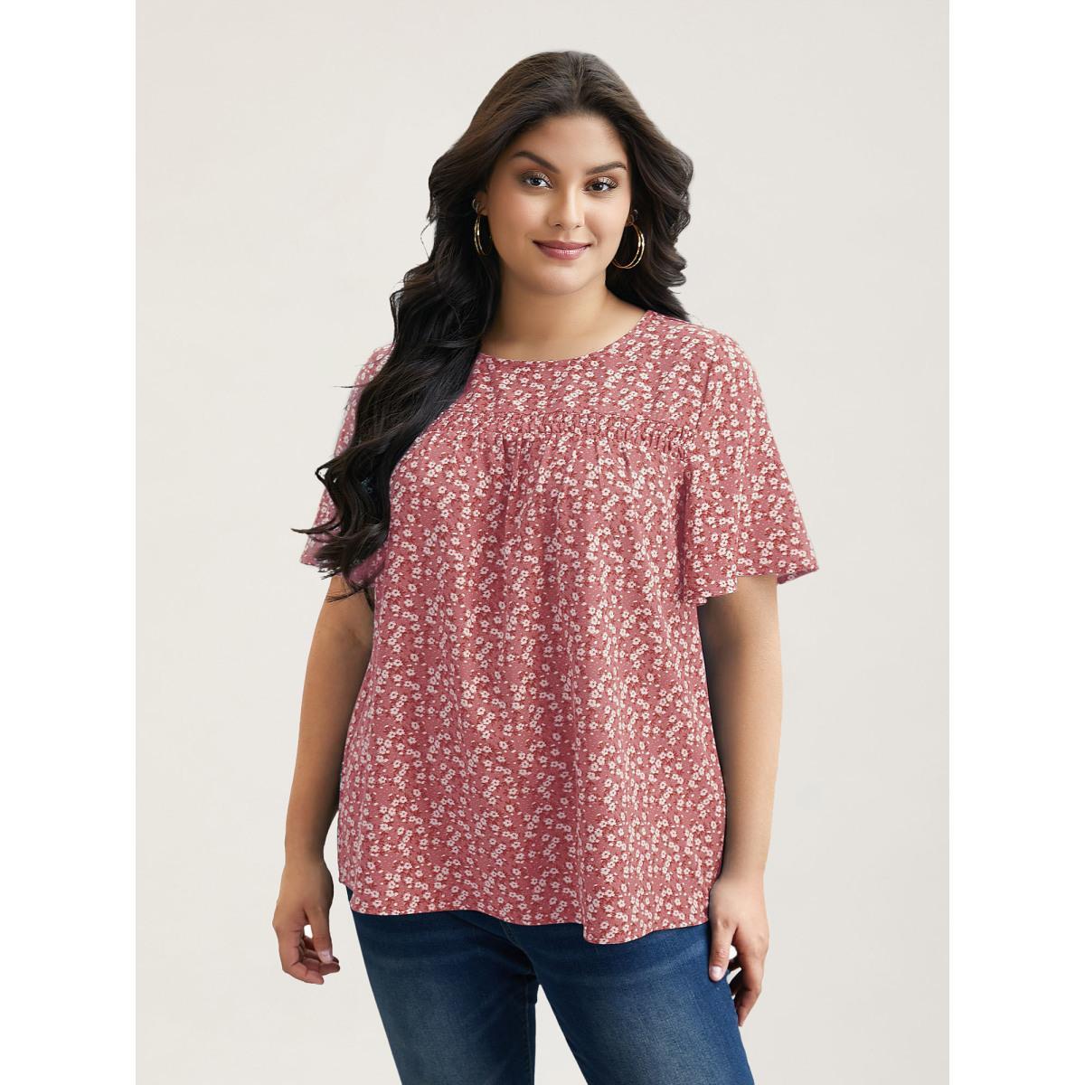 Plus Size Watermelon Floral Ruffle Sleeve Gathered Round Neck Blouse Women Casual Short sleeve Round Neck Everyday Blouses BloomChic 14-16/1X Product Image