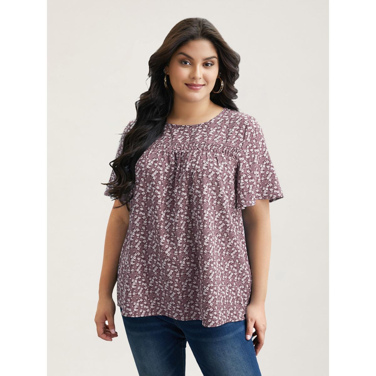 Plus Size Lilac Floral Ruffle Sleeve Gathered Round Neck Blouse Women Casual Short sleeve Round Neck Everyday Blouses BloomChic 30/6X Product Image