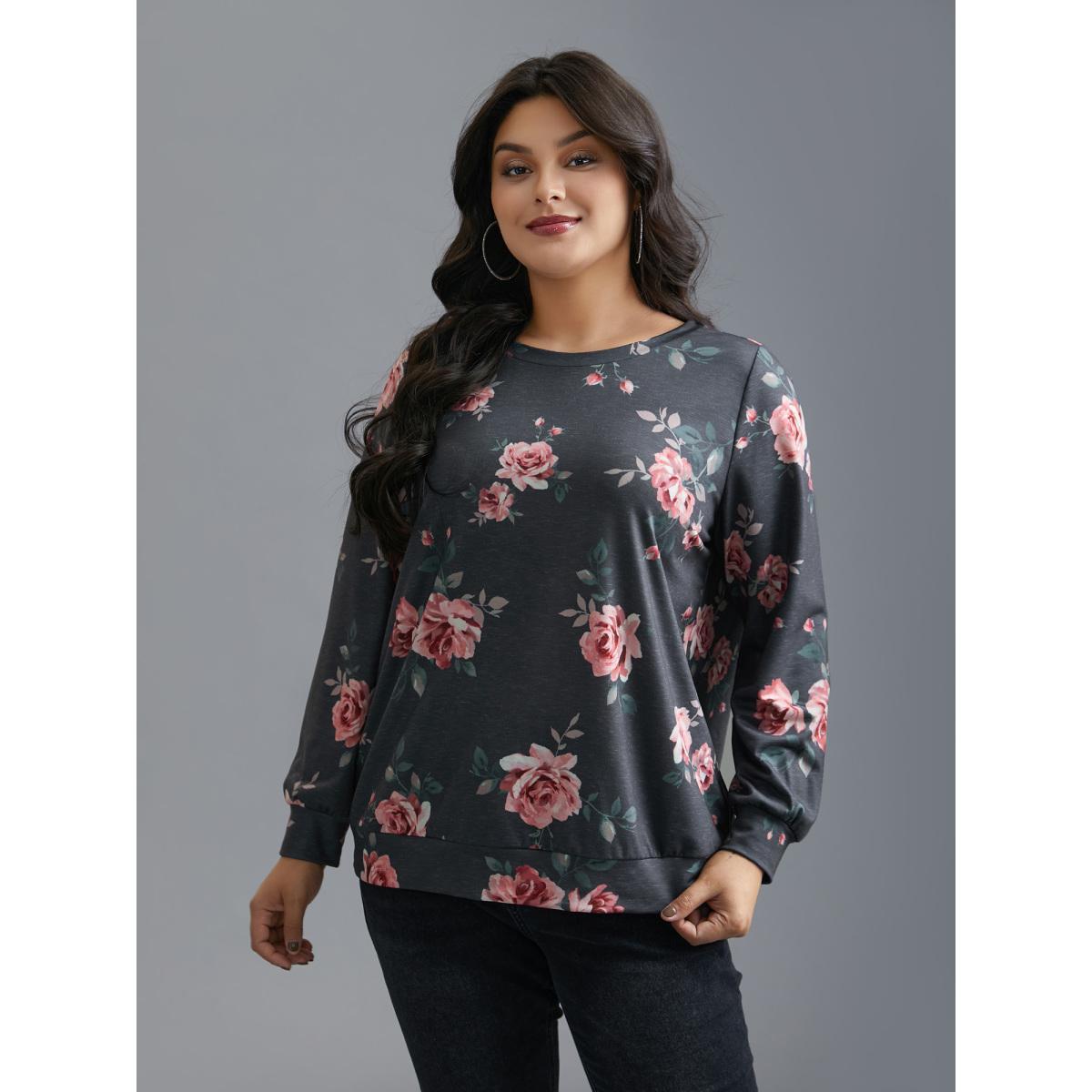 Plus Size Stretchy Floral Paint Sweatshirt Women BlackFlower Casual Contrast Round Neck Everyday Sweatshirts BloomChic 12/L Product Image