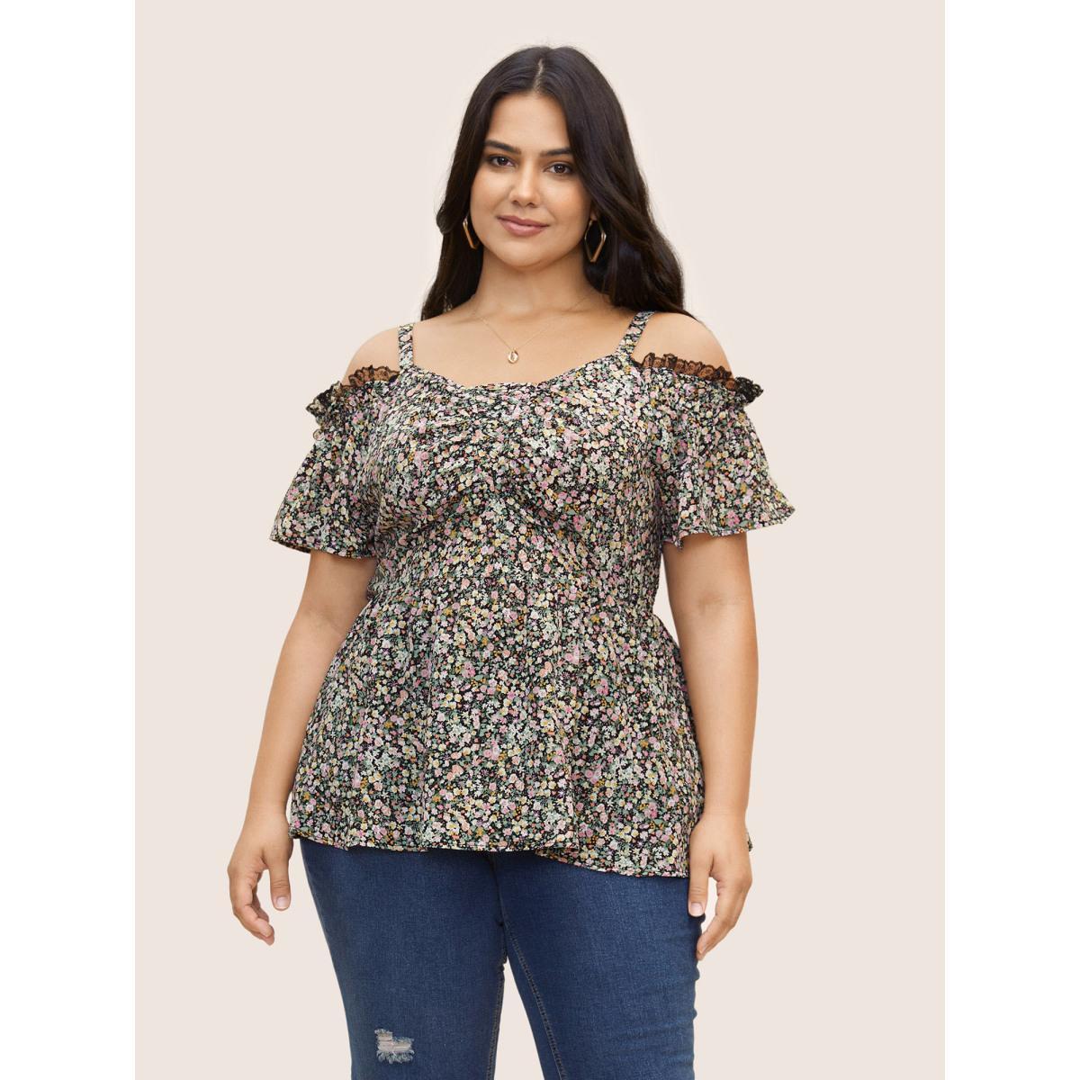 Plus Size Black Off Shoulder Ditsy Floral Lace Panel Blouse Women Elegant Short sleeve One-shoulder neck Everyday Blouses BloomChic 14-16/1X Product Image