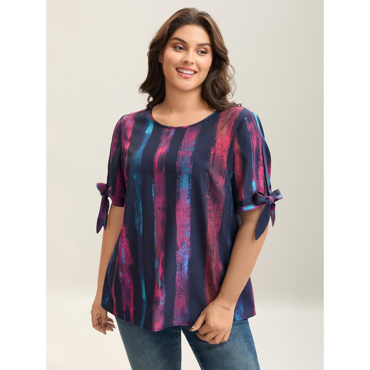 Plus Size Multicolor Irregular Stripes Sleeve Tie Blouse Women Short sleeve Round Neck Everyday-Casual Blouses BloomChic 22-24/3X Product Image