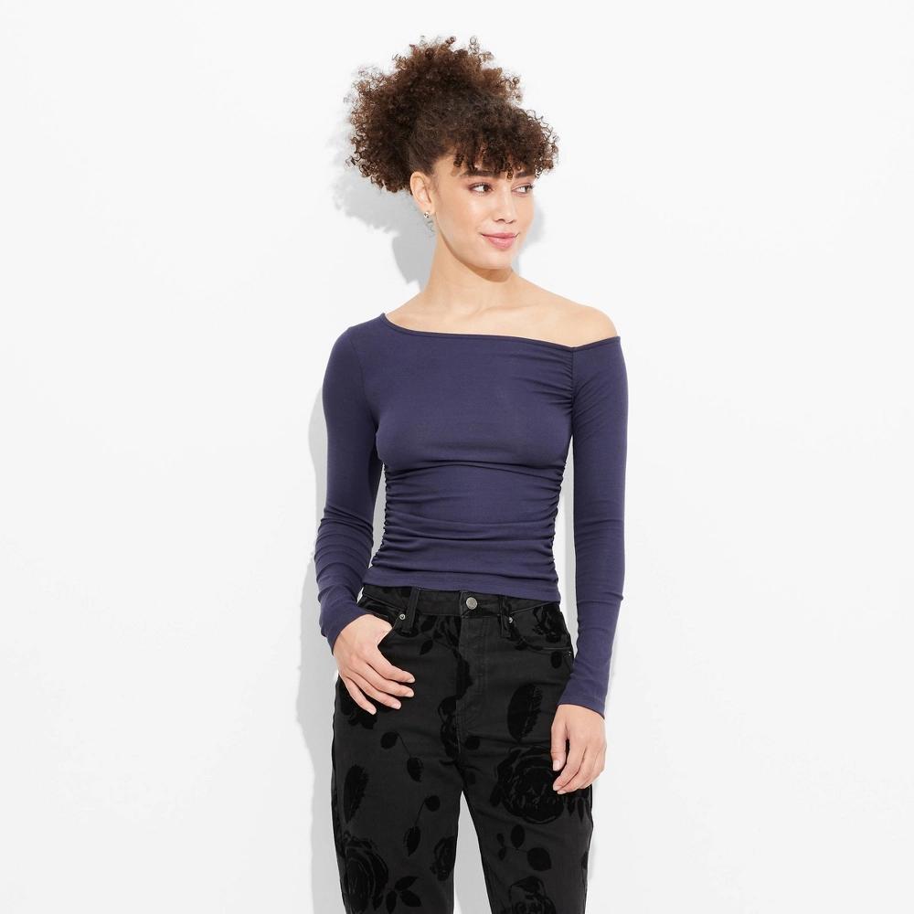 Womens Long Sleeve One Shoulder Top - Wild Fable Navy Blue XXS: Slim Fit, Asymmetrical Neckline, Ribbed Pullover Blouse Product Image
