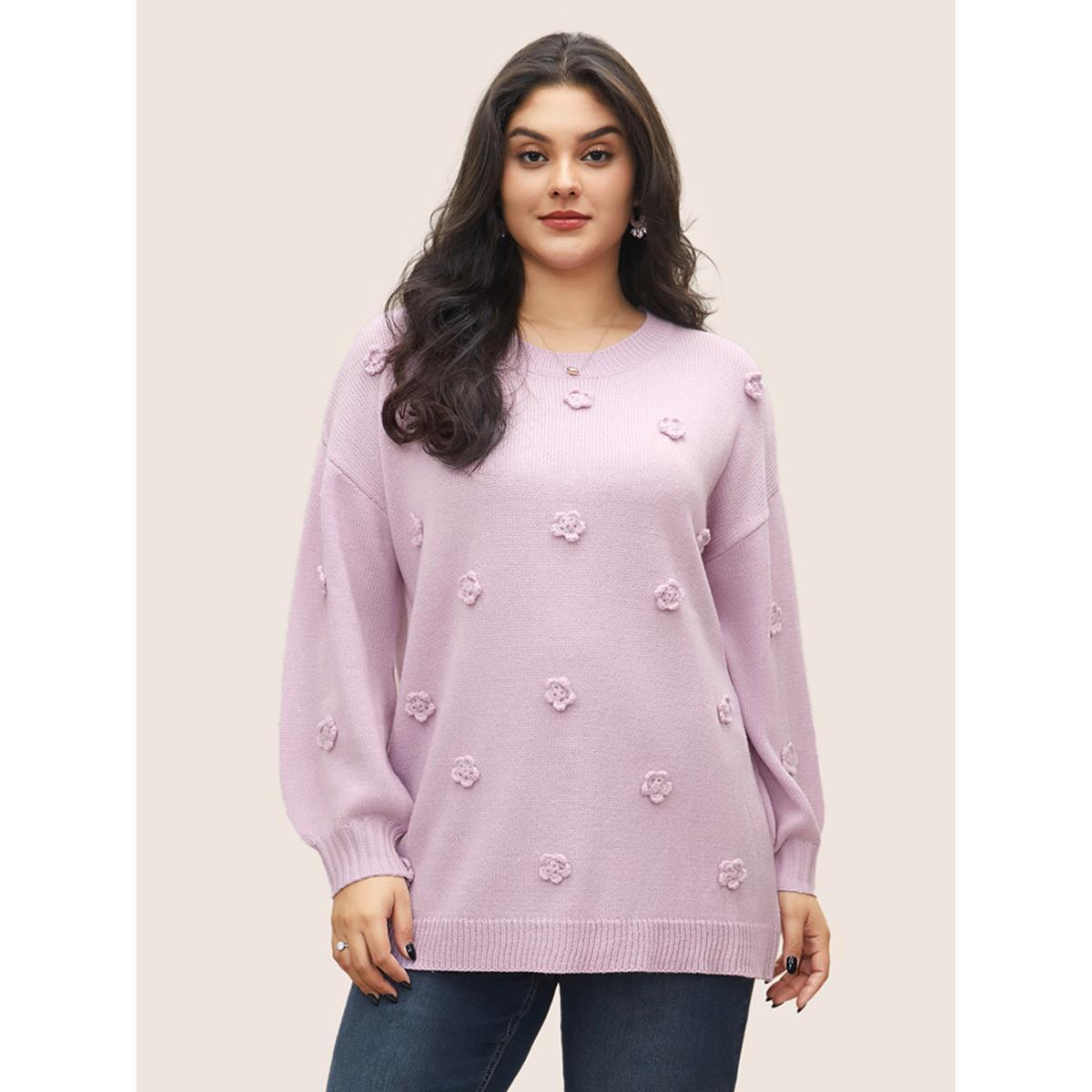 Plus Size Stereo Flower Design Drop Shoulder Pullover Lilac Women Elegant Long Sleeve Round Neck Everyday Pullovers BloomChic 22-24/3X Product Image