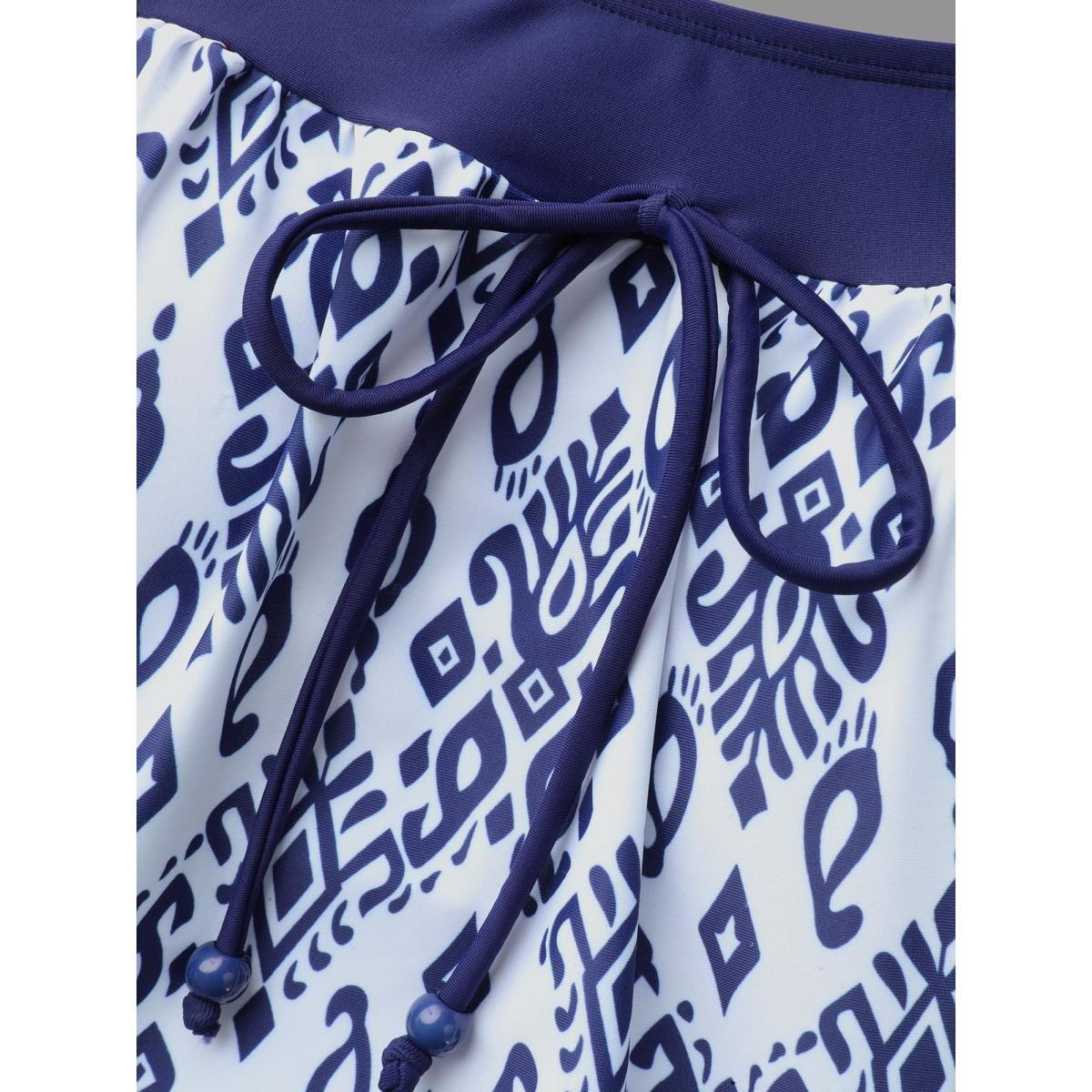 Plus Size Boho Print Ties Adjustable Straps Swim Top Women's Swimwear Indigo Beach Patchwork High stretch Bodycon Square Neck Curve Swim Tops BloomChic 14-16/1X Product Image